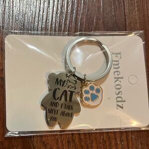 Cat Lover Silver Stainless Steel Keychain with Blue Paw Charm